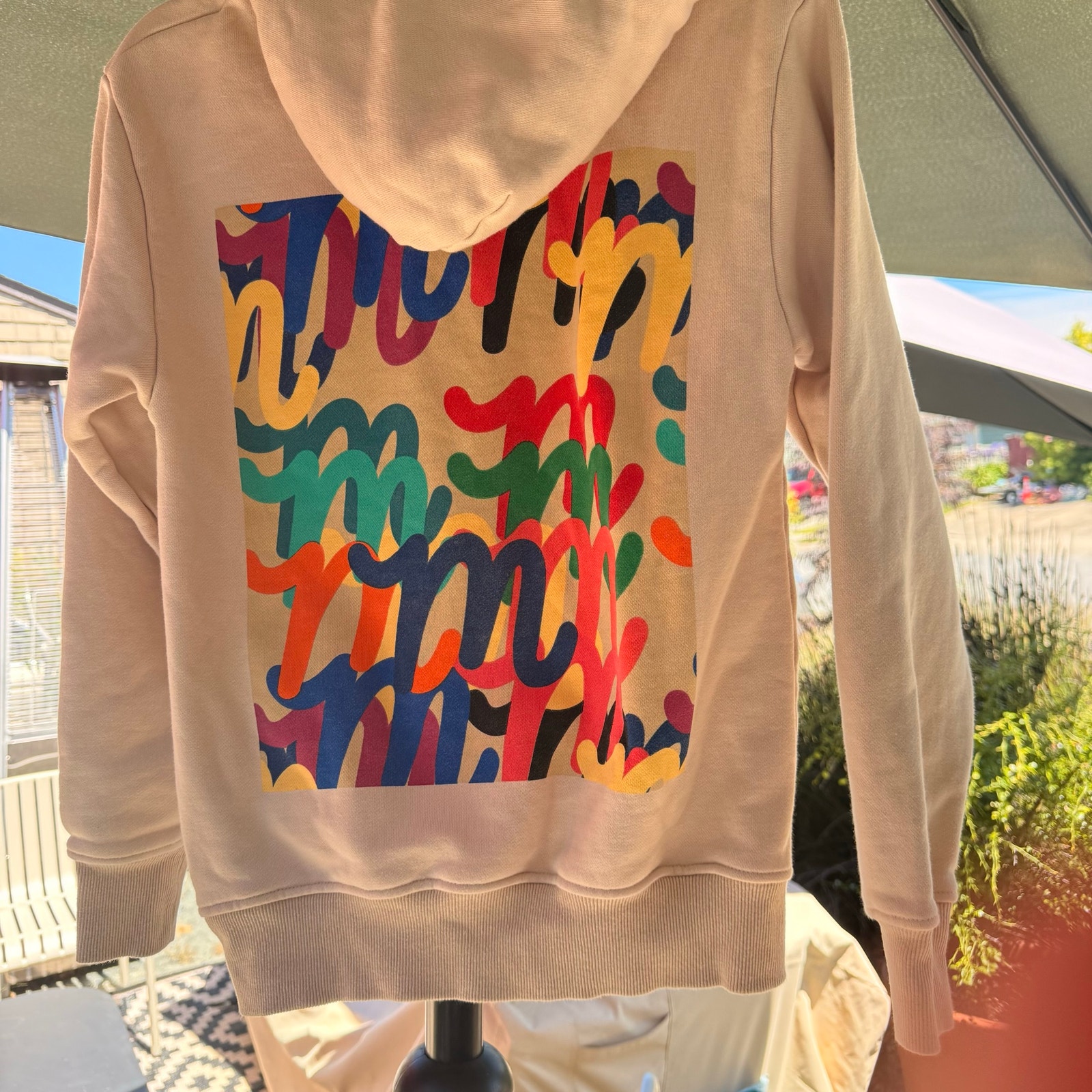 Mifland Hoodie Small Tan Beige Script Logo Colorful Graphic Back 100% Cotton — image 2 of 7